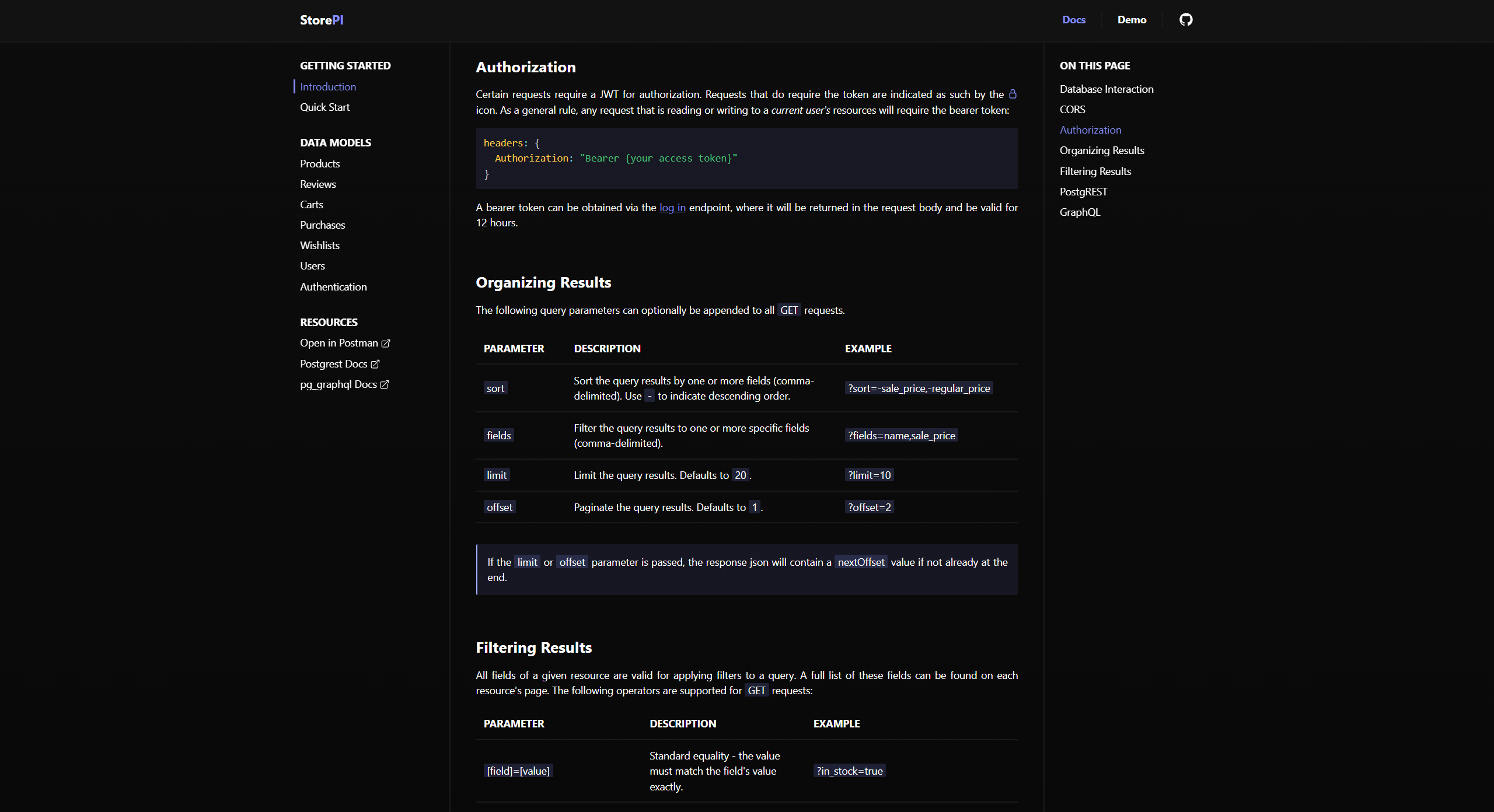 StorePI documentation interface